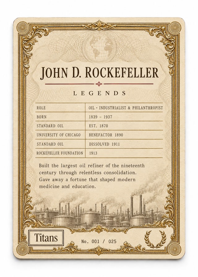 John D. Rockefeller, Titans Legends card, back
