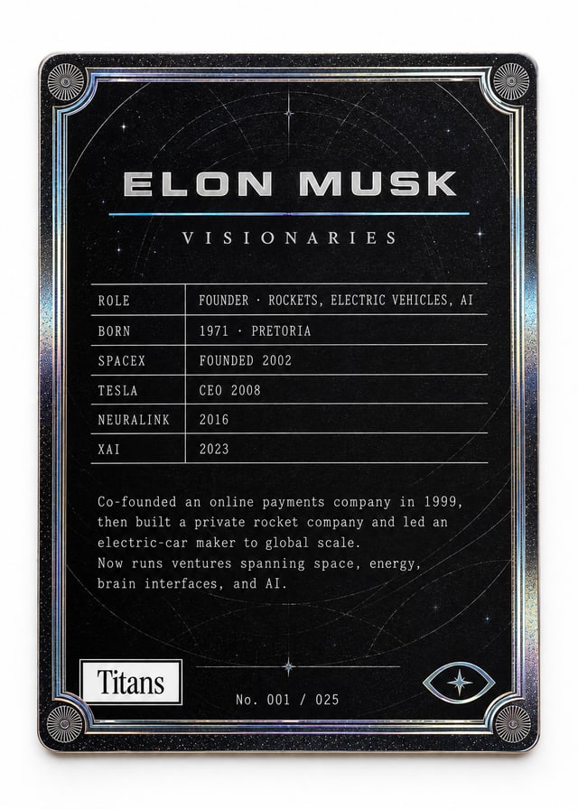 Elon Musk, Titans Visionaries card, back